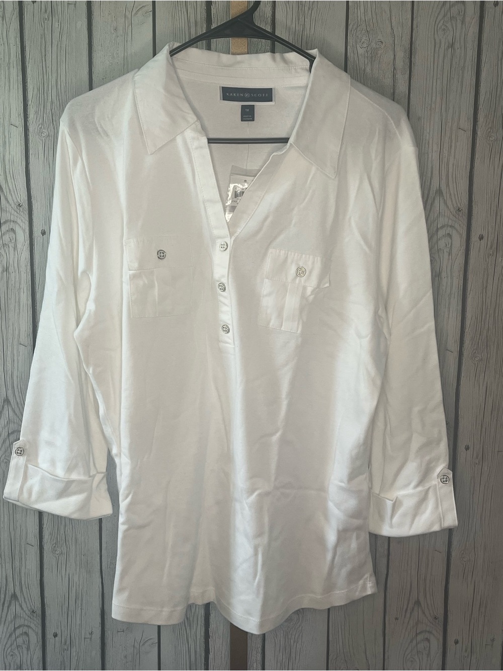 Karen Scott NWT Plus Size 1X White Roll Tab 3/4 Sleeve Button Henley Top Shirt